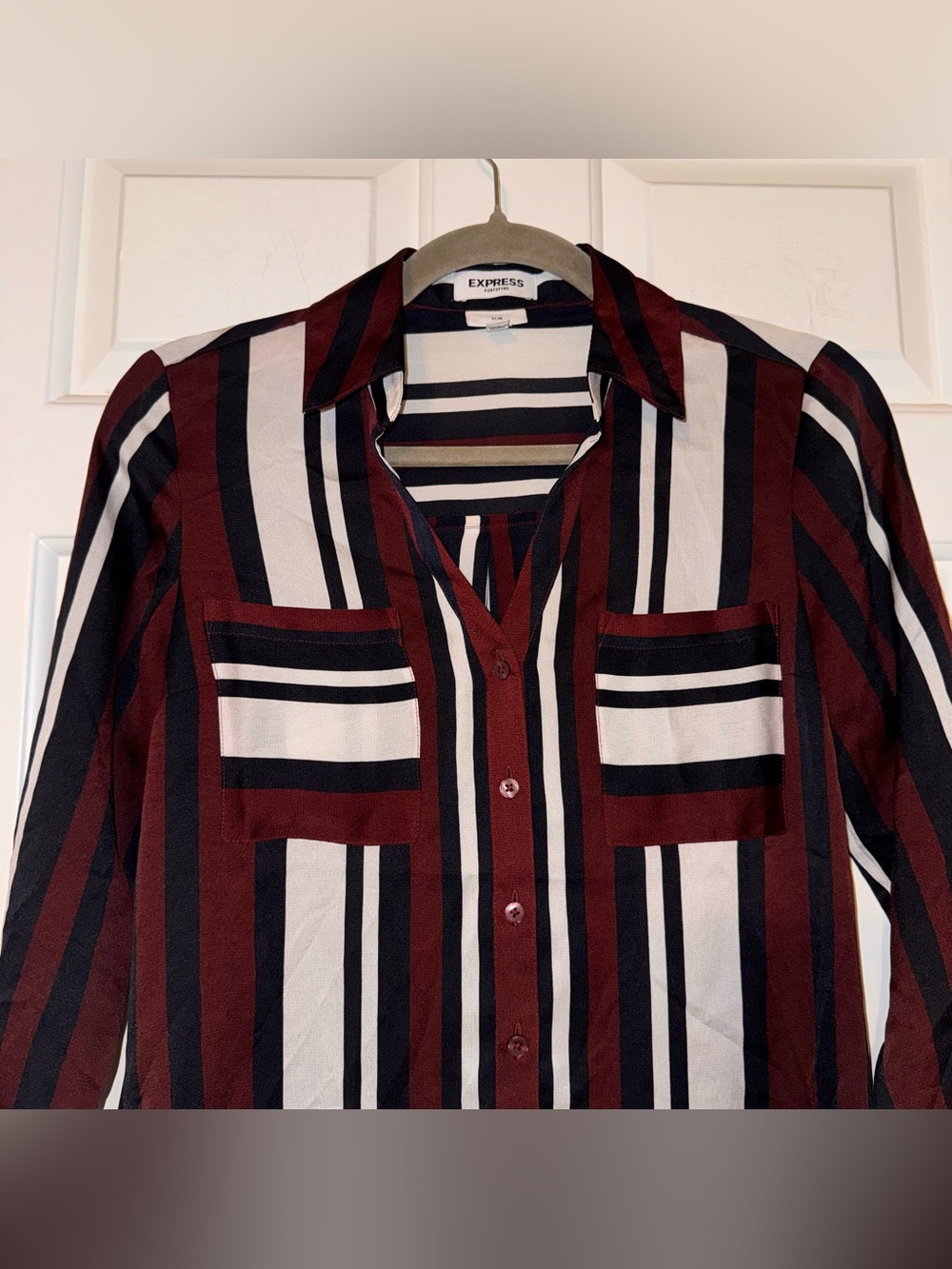 Express the portofino slim Striped Button-Down Shirt Burgundy White Black XS - Picture 5 of 14
